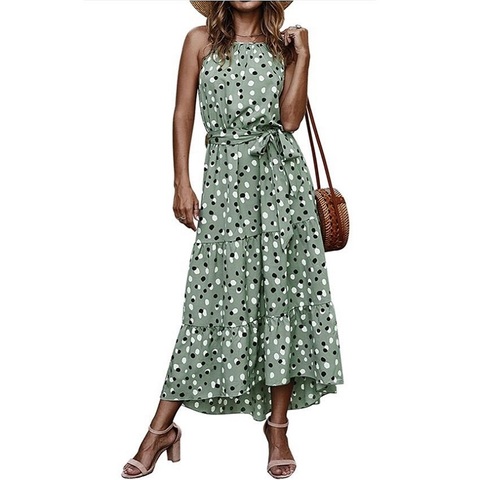 Robe longue style Boho pour femmes, ligne a, col rond, motifs à pois, Sexy, Maxi, pour vacances, été ► Photo 1/6