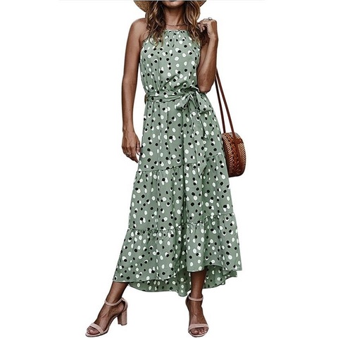 Robe longue style Boho pour femmes, ligne a, col rond, motifs à pois, Sexy, Maxi, pour vacances, été ► Photo 1/6