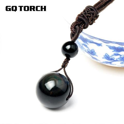 Collier et pendentif en pierre naturelle pour femmes et hommes, perles noires en obsidienne, œil d'arc-en-ciel, transfert de boule, amour porte-bonheur ► Photo 1/6