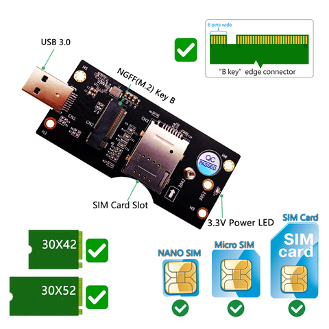 NGFF-carte d'extension M.2 USB 3.0, avec fente carte SIM 8 broches pour WWAN/LTE, Module 3G/4G/5G, prise en charge SSD M.2 3042/3052 ► Photo 1/6