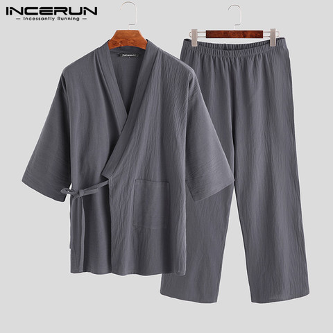 Japonais hommes Kimono pyjamas ensembles mâle Robe Robe 2 pièces/ensemble peignoir vêtements de nuit en vrac homme coton confortable pyjamas ensembles 2022 5XL ► Photo 1/6