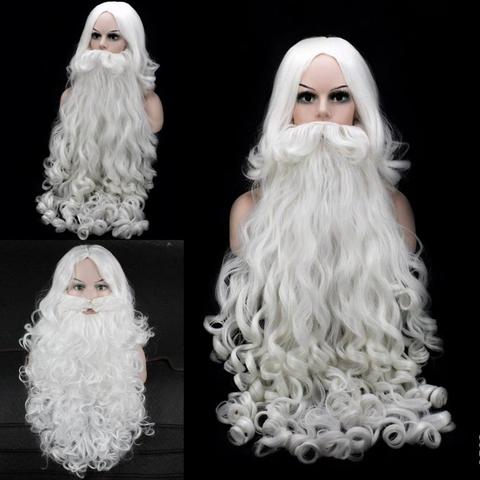 JOY & BEAUTY père noël barbe perruque 80CM/60CM blanc bouclé cheveux longs synthétiques adulte Cosplay perruque déguisement cadeau de noël jeu de rôle ► Photo 1/6