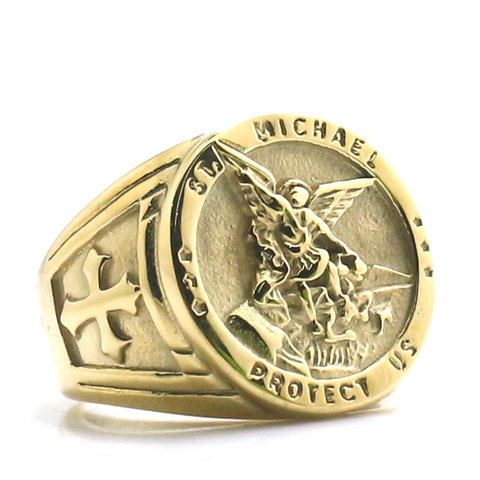 Bague en acier inoxydable 316l pour hommes, croix Saint Michael, protection américaine, taille 6 à 15 ► Photo 1/4