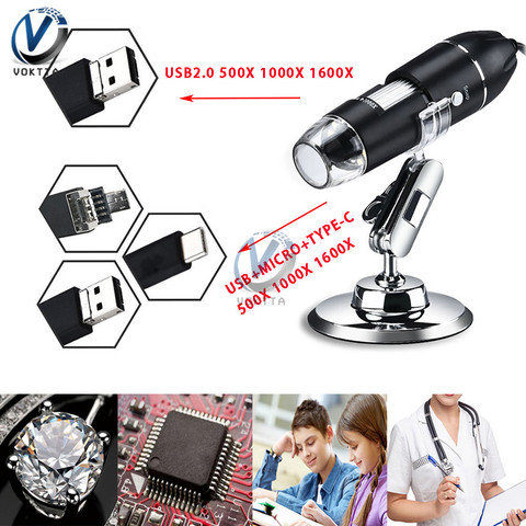 Microscope électronique numérique USB 500x1000x1600x mégapixels, 8 LED, loupe, caméra endoscopique stéréo ► Photo 1/6