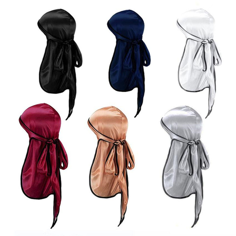 Durag en soie unisexe pour hommes, Bandanas en soie noire à longue queue, bonnet Doo Du chiffon ondulé ► Photo 1/6