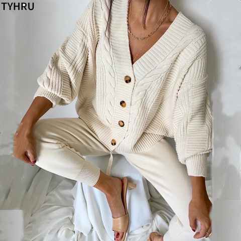 TYHRU femmes tricot 2 pièces pull costume chanvre fleur col en v simple boutonnage cardigan + pantalon dame hiver pull ensemble ► Photo 1/6