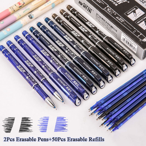 Stylo Gel effaçable d'encre bleue, noire ou rouge, 2 + 50 pièces/ensemble, 0.5mm, stylos Gel effaçables pour enfants, cadeaux pour filles, papeterie scolaire et de bureau ► Photo 1/6