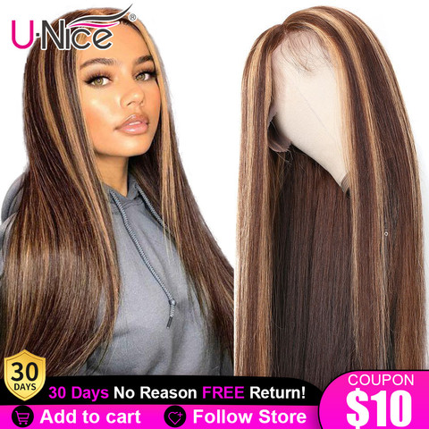 Unice Hair – Perruque naturelle blonde/brune/miel, pour femme, en cheveux brésiliens, qualité Remy, avec fixation dentelle 13x4 ► Photo 1/6