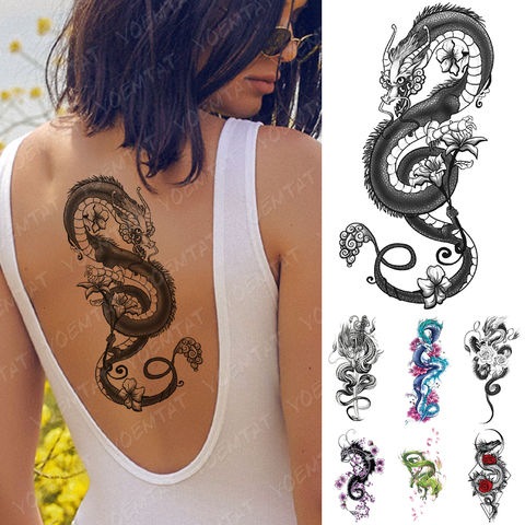 Autocollant de tatouage temporaire étanche Dragon Lotus Plum Rose tatouages épée serpent corps Art bras fausse manche tatouage femmes hommes ► Photo 1/6