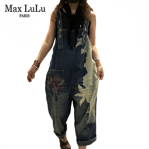 Max LuLu Style de mode européen printemps femme imprimé Denim salopette dames Vintage Jeans décontractés femmes pantalon ample grande taille ► Photo 1/6