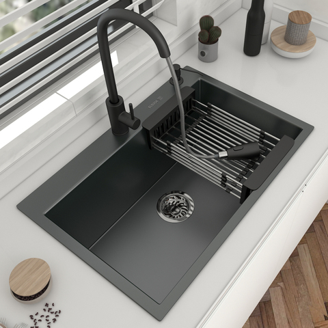 Évier de cuisine en acier inoxydable 304, lavabo à montage en surface, simple, couleur gris foncé, pour la maison, avec robinet de cuisine, accessoires de vidange ► Photo 1/6