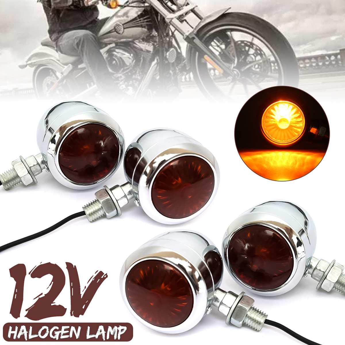 2/4 pièces 12V rétro métal Chrome moto clignotant indicateur halogène ampoule lampe Vintage ambre universel pour Harley ► Photo 1/6