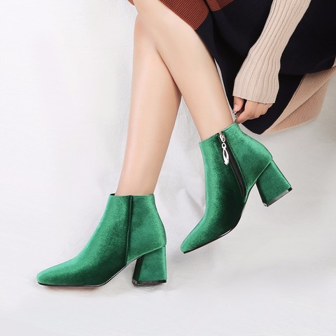 Bottines de marque en velours pour femme, chaussures courtes à bout carré, talon épais, noir, rouge, vert, à la mode, nouvelle collection hiver 2022 ► Photo 1/6