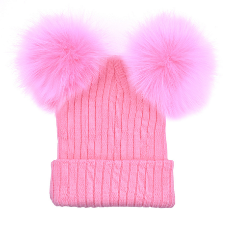 Bonnet tricoté épais chaud avec Double pompon en fourrure pour femme, joli bonnet, noir, bleu, rose, nouvelle collection hiver décontracté ► Photo 1/6