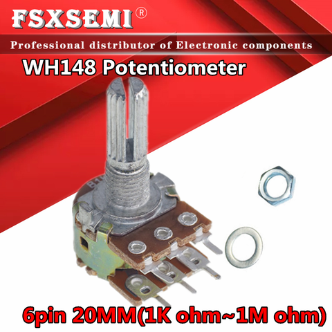 Amplificateur double potentiomètre stéréo WH148 B1K B2K B5K B10K B20K B50K B100K B500K 6 broches 20mm 1K 2K 5K 10K 50K 100K 500K 2 pièces ► Photo 1/2