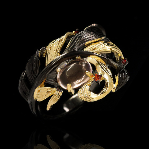 Bague de mariage en cristal noir translucide, bijou de luxe exagéré, avec feuilles ethniques, enroulement irrégulier, 925 ► Photo 1/5