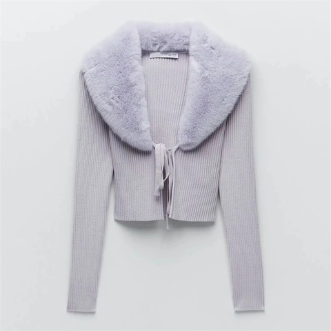 Femmes nouveau doux col de fourrure épissage tricot pull femme dentelle à manches longues Cardigan Chic haut ► Photo 1/6