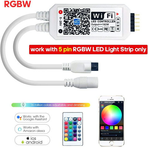 Contrôleur Wifi LED RGBW/RGBWW dc 12v avec télécommande IR 24 touches, lien à 5 broches pour bandes lumineuses ► Photo 1/6