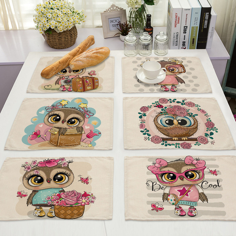 1 pièces Kawaii hibou motif cuisine napperon coton lin Table à manger tapis caboteur Pad bol tasse tapis 42*32cm décor à la maison ML0007 ► Photo 1/6