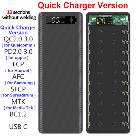 Sans soudure 10*18650 batterie boîte de stockage chargeur portatif à deux bornes USB boîtier bricolage coque 18650 batterie boîte de support PD QC3.0 Charge rapide ► Photo 1/6