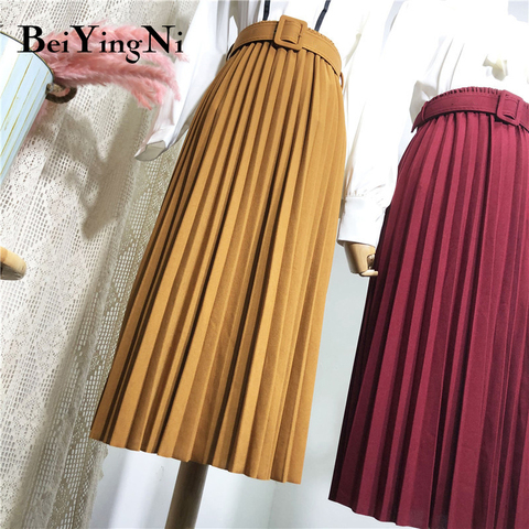 Beiyingni taille haute femmes jupe décontracté Vintage solide ceinturé plissé Midi jupes dame 11 couleurs mode Simple Saia Mujer Faldas ► Photo 1/6