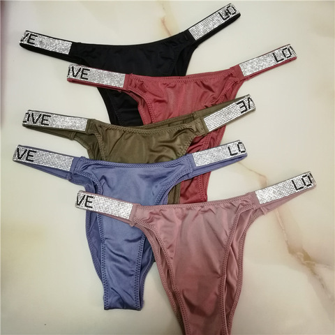 Culotte pour femmes Sexy string rose lettre strass ceinture G-string mode taille basse tanga Shorts slips t-back string underwea ► Photo 1/6