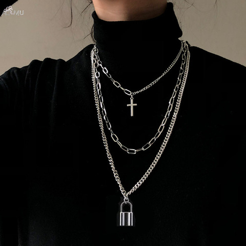 AOMU 2022 mode multicouche Hip Hop longue chaîne collier pour femmes hommes bijoux cadeaux clé croix pendentif collier accessoires ► Photo 1/6