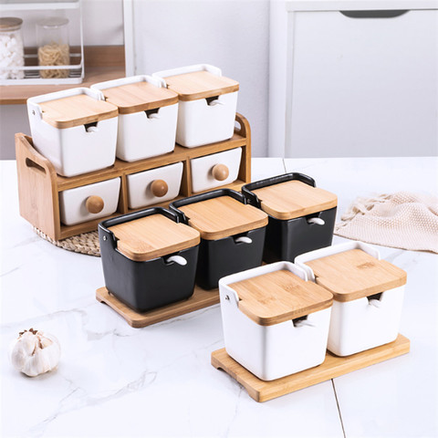 Nordique minimaliste créatif en céramique assaisonnement pot à épices avec couvercle en bambou porcelaine sel boîte de rangement cuisine organisateur Condiments ► Photo 1/6