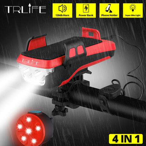 TRLIFE-lampe de vélo 4 en 1 multifonction, klaxon de bicyclette, éclairage frontal de bicyclette, prise en charge pour téléphone, batterie externe ► Photo 1/6