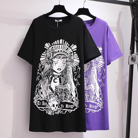 T-shirt d'été en coton pour femmes, buste 157cm, 6XL, 7XL, 8XL, 9XL, 10XL, imprimé, long, noir, violet ► Photo 1/6