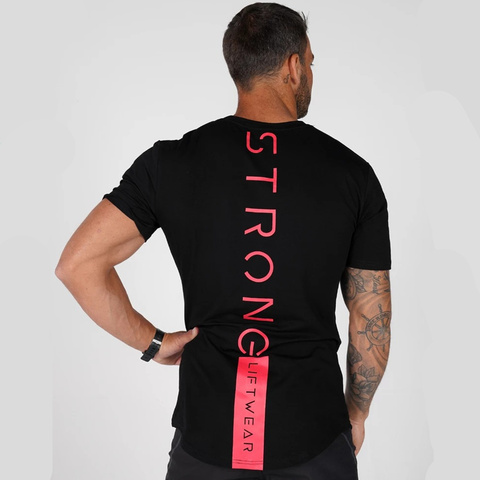 T-shirt manches courtes homme noir, en coton, avec imprimé, été, gym, Fitness, entraînement, t-shirt style décontracté ► Photo 1/6