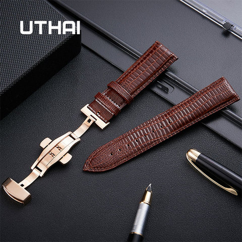 UTHAI-Bracelet de montre Z29 en cuir véritable, 14MM 16MM 18MM 20MM 22MM, Bracelet à boucle papillon en acier et outil ► Photo 1/6