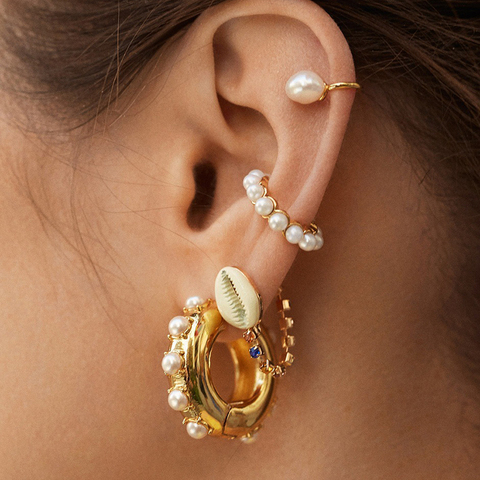 Boucles d'oreilles en Imitation de perles de bohème pour femmes et filles, petites boucles d'oreilles rondes à Clip, sans perçage, en métal doré, Bijoux de mariage ► Photo 1/6