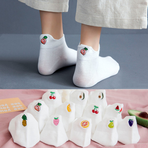 Fruits broderie femmes chaussettes avocat fraise pastèque pêche banane chaussettes courtes décontracté solide blanc Harajuku cheville chaussettes ► Photo 1/6