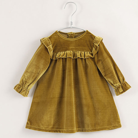 Robe de printemps en velours pour petites filles de 1 à 8 ans, couleur unie, manches longues, doux vêtements de princesse à volants ► Photo 1/6