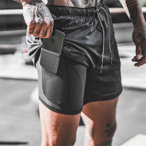 Short de survêtement Double couche hommes 2 en 1 pantalon court gymnases Fitness poche intégrée Bermuda Short de plage à séchage rapide pantalon de survêtement homme ► Photo 1/6