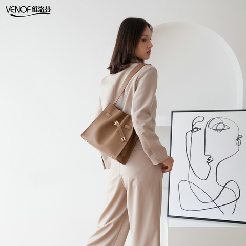 Sac seau en cuir de vache pour femmes, sac à bandoulière solide à larges bretelles, sacs composés de haute qualité, sacs à bandoulière de luxe en cuir pour femmes ► Photo 1/6