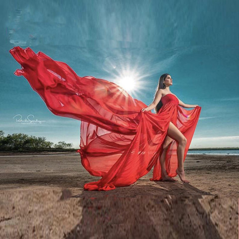 Robe de maternité en mousseline de soie | En dentelle, accessoires de photographie, épaules dénudées, sans manches, robe solide de maternité pour prise de photo ► Photo 1/6