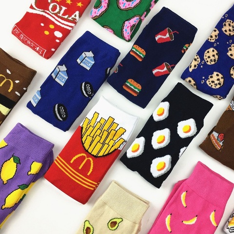 Chaussettes en coton colorées pour femmes, Fruits, banane, avocat, citron, œuf, cookies, Donuts, aliments, couleurs joyeuses, Sox Harajuku ► Photo 1/6