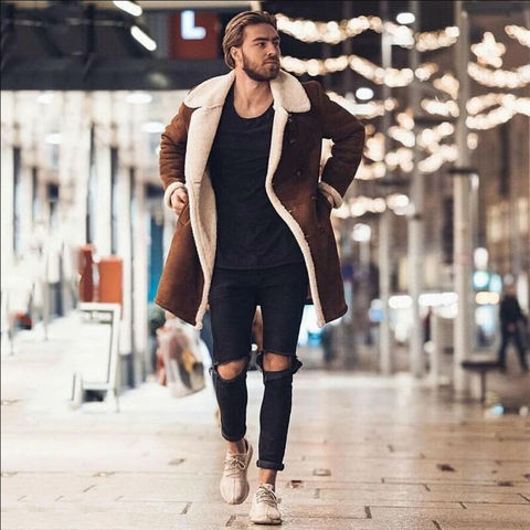 Mode hommes fausse fourrure laine d'agneau Trench manteau hiver chaud épaissir veste laine caban longue Parka pardessus hiver vêtements hauts ► Photo 1/6