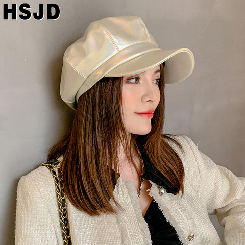 Mode cuir brillant octogonal casquettes pour femmes automne hiver couleur unie gavroche casquette chapeau artiste hiver béret femmes peintre casquette ► Photo 1/6