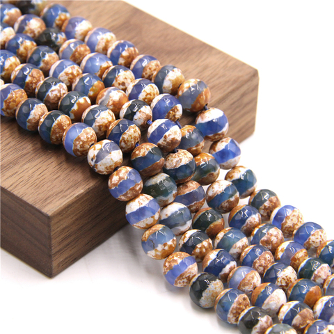 Perles en agate tibétaine naturelle, 15.5 pouces, perles facettées pour la fabrication de bijoux DIY, vente en gros, 6mm, 8mm, 10 mm ► Photo 1/6