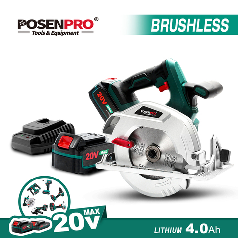 POSENPRO scie circulaire sans fil Brushless batterie 20V 4.0Ah, chargeur rapide, lame de scie 24T (7-1/4 