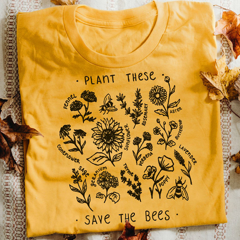 T-shirt en coton unisexe, décontracté, avec dessin de fleur sauvage, avec motif végétal, Harajuku, sauver les abeilles, livraison directe ► Photo 1/6