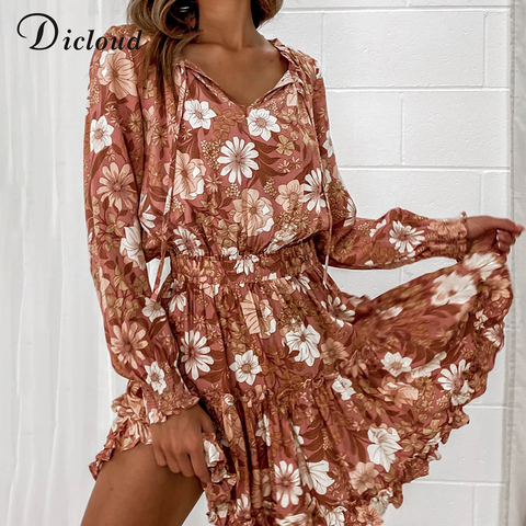 DICLOUD – Mini robe Vintage à manches longues pour femme, imprimé Floral, style Boho, coupe trapèze, tenue de soirée élégante, printemps 2022 ► Photo 1/6
