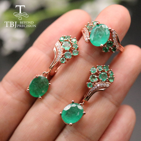 TBJ, naturel émeraude luxe ensemble de bijoux zambie vert emrald anneau boucle d'oreille bijoux fins 925 en argent sterling pour les femmes beau cadeau ► Photo 1/1