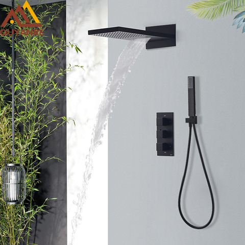 Quyanre — Ensemble de robinets mitigeurs thermostatiques de douche, avec pomme effet pluie et cascade à 3 voies, noir ► Photo 1/6