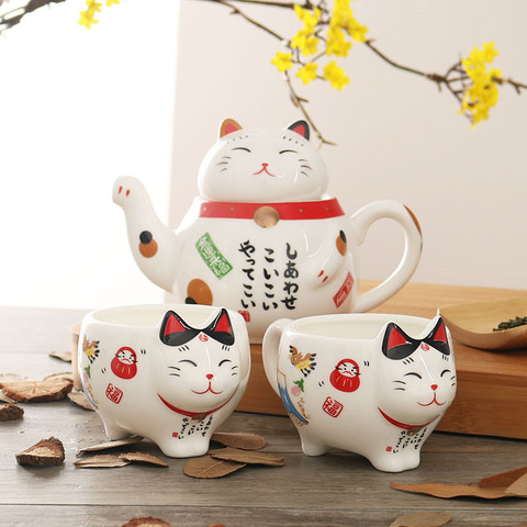 Service à thé japonais en porcelaine, mignon chat porte-bonheur créatif Maneki Neko tasse à thé en céramique bouilloire avec passoire, théière de bureau, tasse d'eau ► Photo 1/6