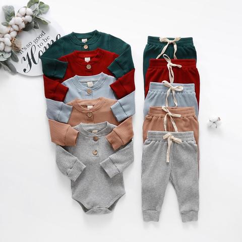 Infantile nouveau-né bébé filles garçons printemps automne côtelé solide vêtements ensembles à manches longues body + pantalon élastique 2 pièces solide tenues ► Photo 1/6