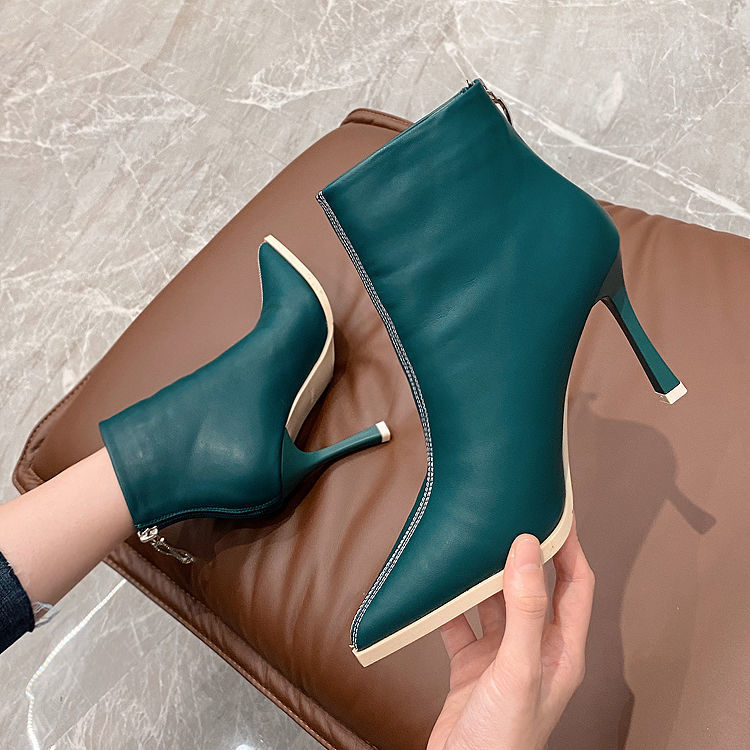 2022 mode INS bottes courtes femme à talons hauts bottine femmes automne chaussures bout pointu femme chaussures arrière fermeture éclair noir vert ► Photo 1/6